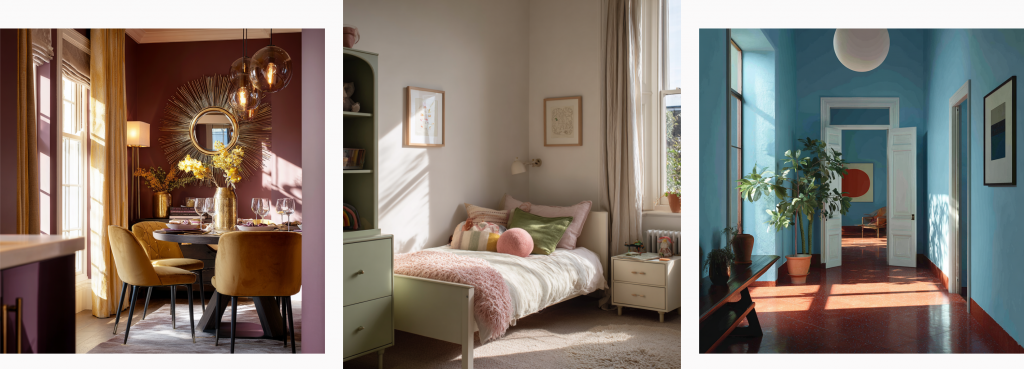Three rooms with complementary schemes, a plum and mustard dining area, a serene scheme of pink and green in a child's bedroom, and a hallway with terracotta floors and blue walls. 
