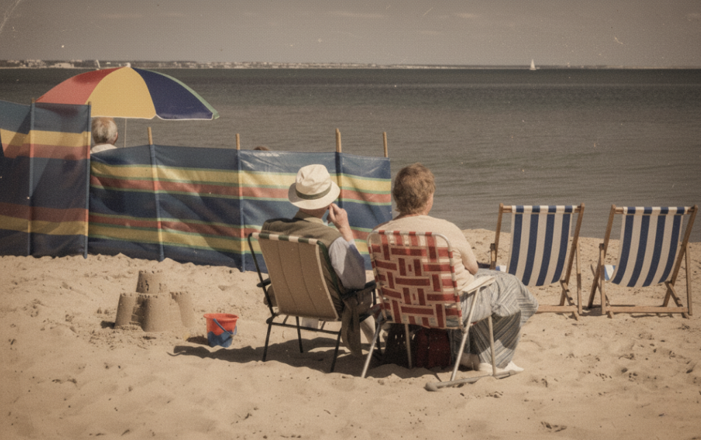 British seaside scene 1980s with deck chairs, striped windbreak and elderly couple of folding chairs