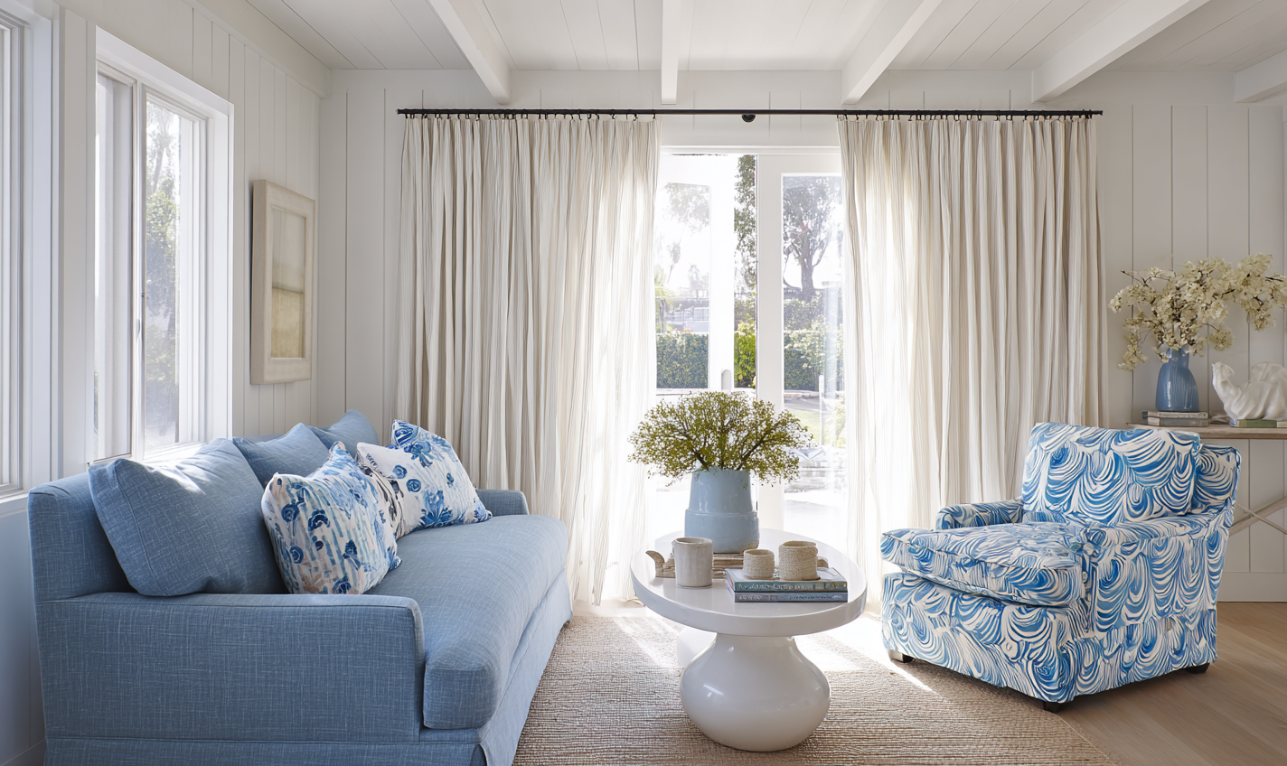 A bright contemporary coastal living room with a blue sofa and wave-patterned armchair on a jute rug and wooden floor