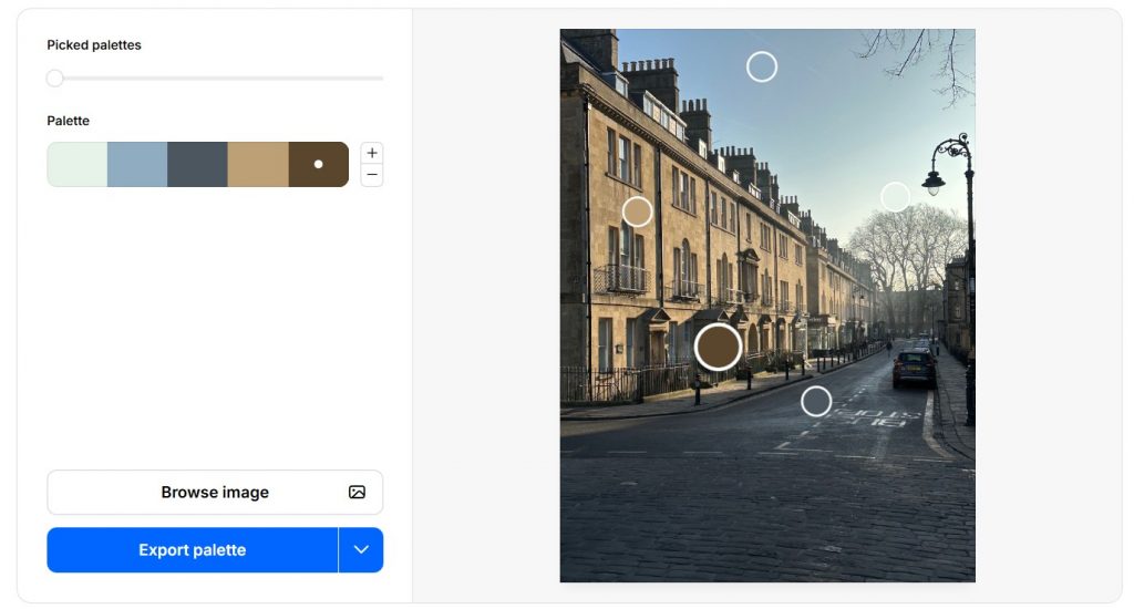 A webpage showing a photo of a street in Bath in the early morning, and a colour palette extracted from that scene, using the Coolors website