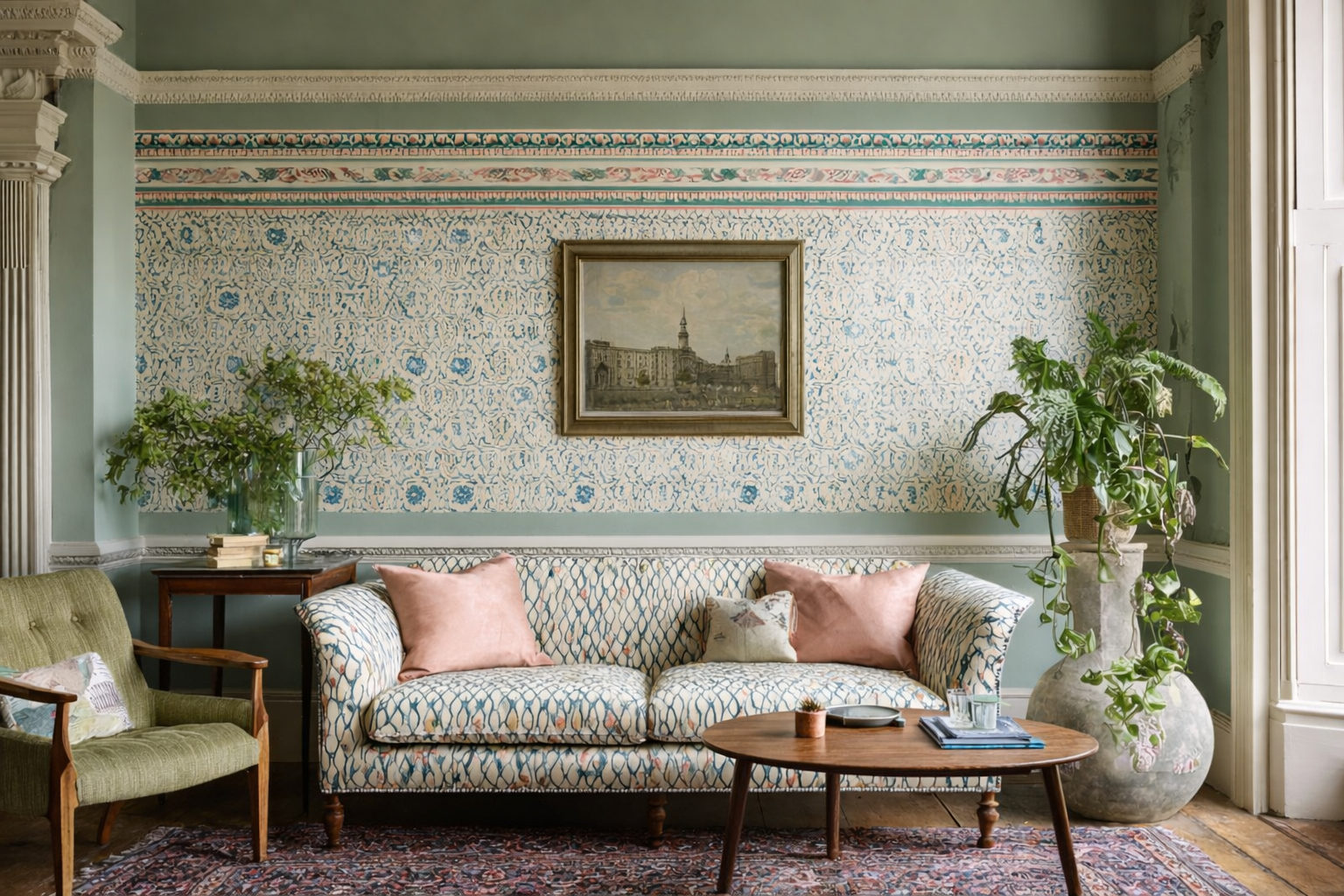 Elegant living room with plasterwork, patterned wallpaper and mid-century seating on a Persian rug