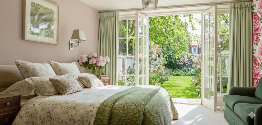 A bright bedroom, with French doors onto a lawn and garden beyond, the bedroom decor in pinks and greens inspired by the garden.