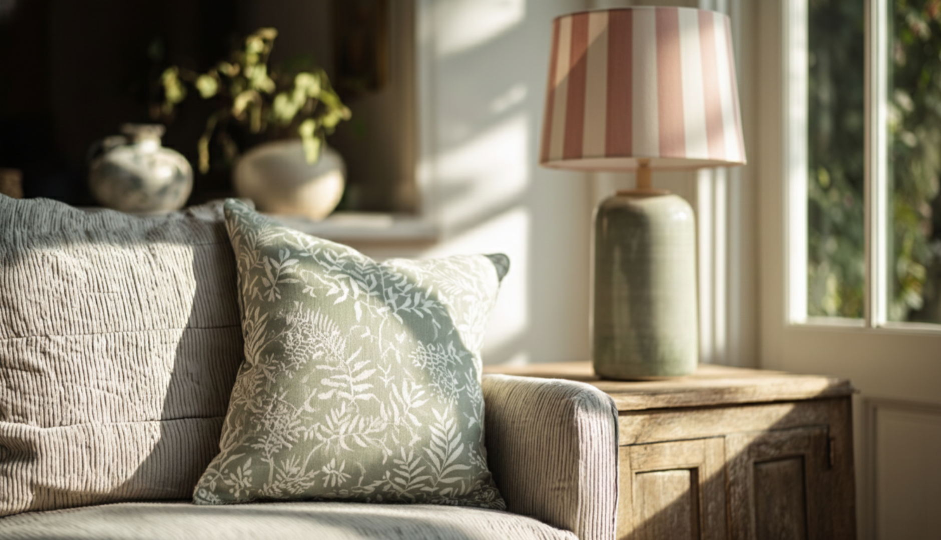 A serene cottage living space with neutral decor, a pink striped lampshade and green patterned cushions on a sofa.