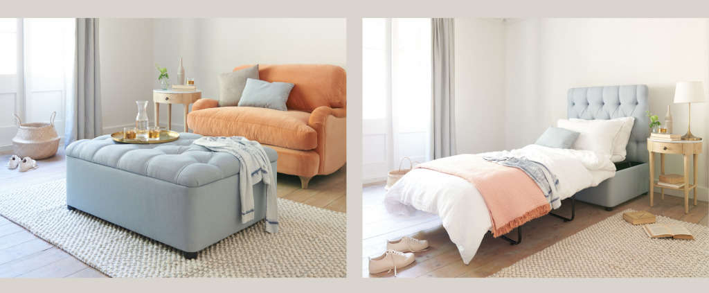 Two images showing a guest bed in a footstool in an elegant pastel living room. The bed is closed in the first image and opened with cosy bedding on it in the second.