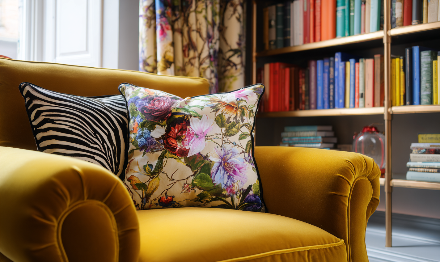 Patterned cushions on a yellow armchair in a bright contemporary living room