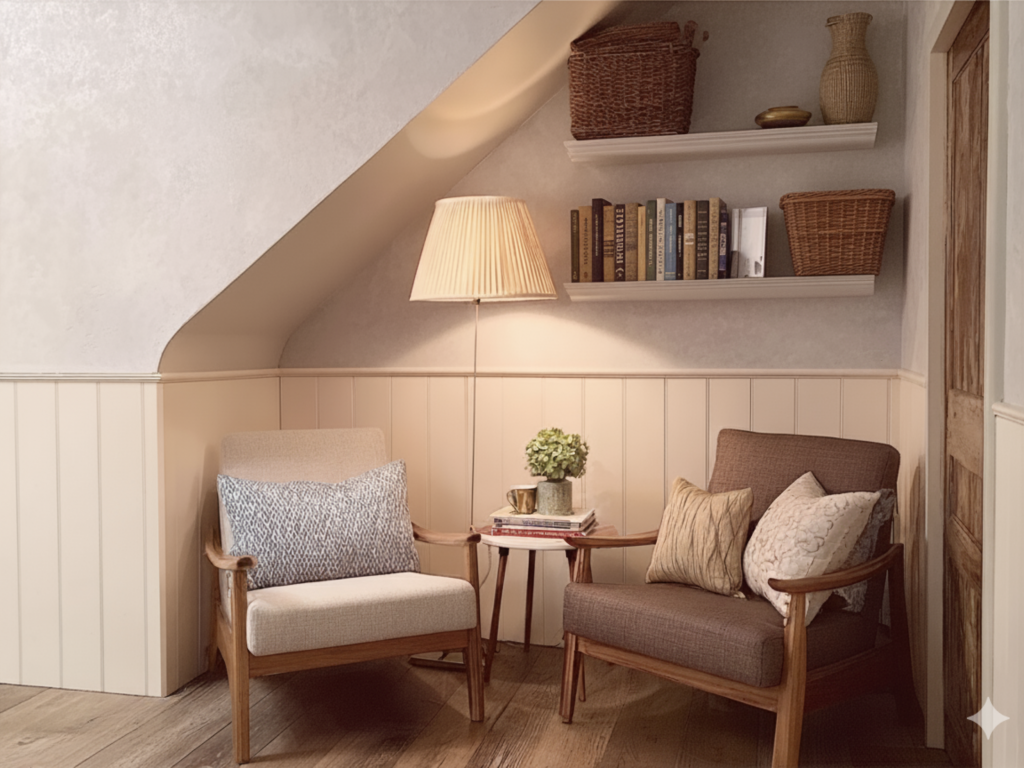A cosy reading nook under the stairs with 2 mid-century armchairs, an elegant floor lamp, and shelves of books and baskets.