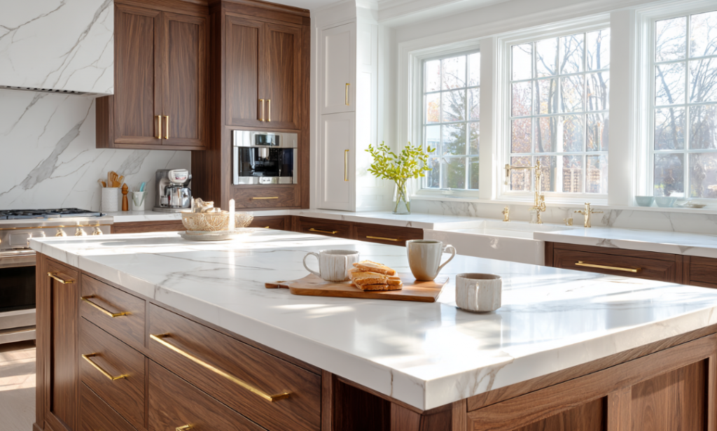 Sunlit kitchen with walnut cabinetry, white marble countertops, and gold hardware, bathed in soft morning light through large east-facing windows; a wooden tray with mugs and pastries sits on the island, illustrating how natural light affects colour perception in interior design.