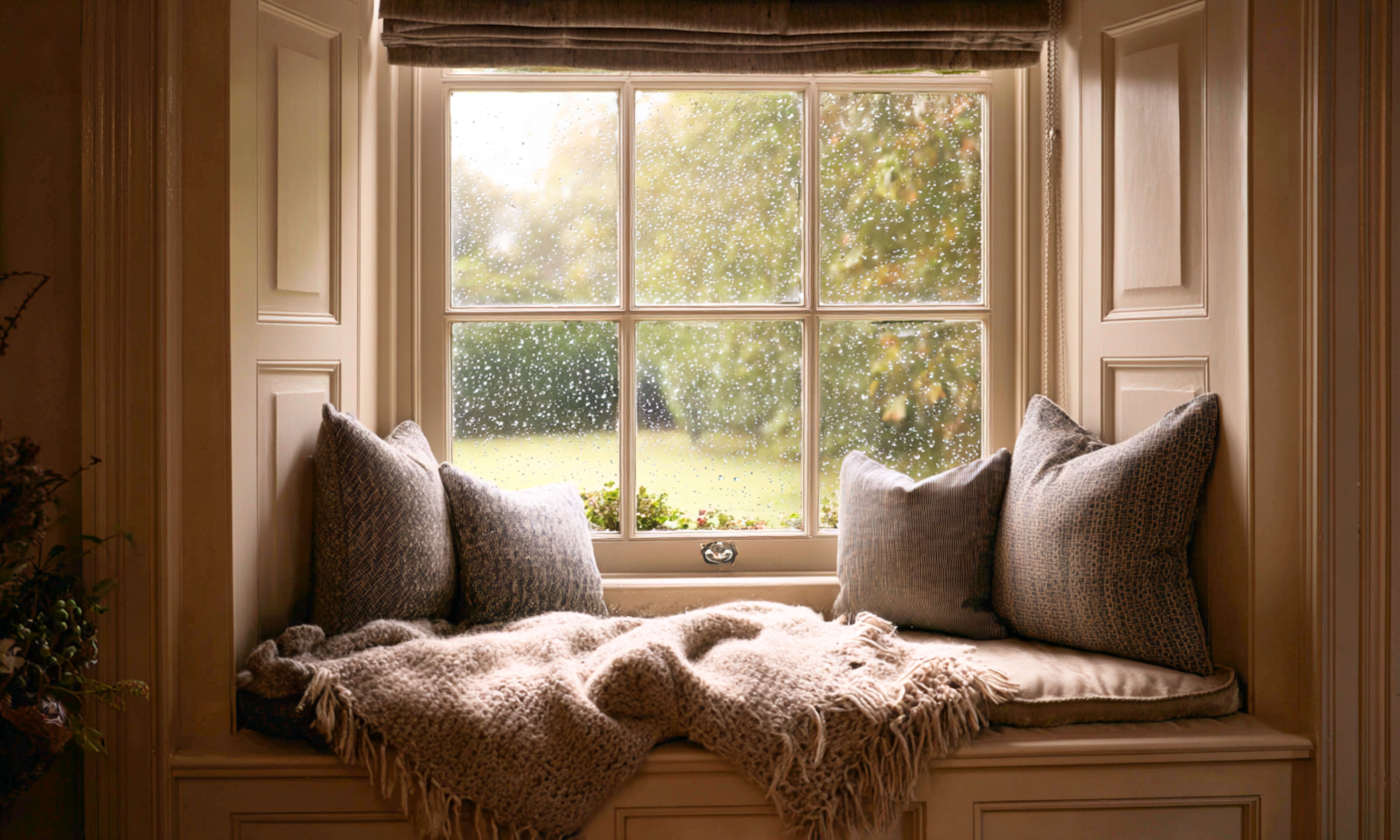 A cosy padded window seat in a classic British country house, with scatter cushions, a woollen throw and rain on the window