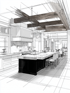 An interior designers sketch of a kitchen including a large island and range cooker