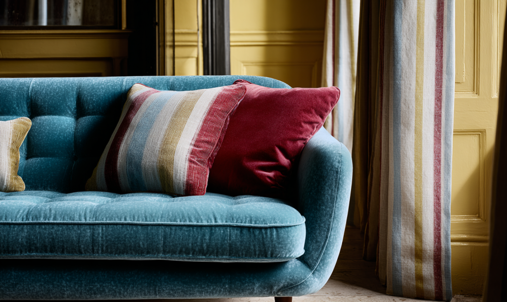 A teal mid-century sofa in a classical living room with warm yellow painted panelling, striped curtains in cream, berry and blue, demonstrating a harmonious triadic colour scheme.