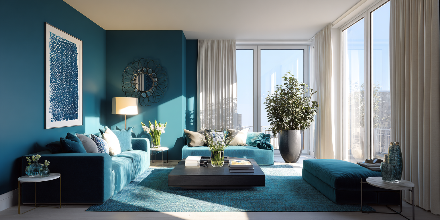 A contemporary apartment living room with a deep teal wall colour, teal sofa and cream linen curtains.