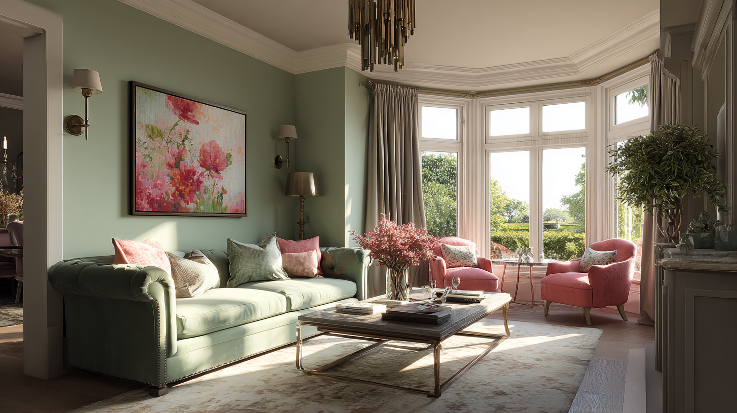 Elegant living room in a Victorian property with sage green walls, a soft green velvet sofa, and pink accent chairs in a curved bay window, flooded with morning light; floral artwork and traditional moulding highlight how natural light and architectural features impact paint colours in interior design.