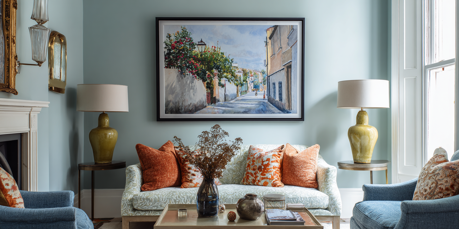 An elegant period living room, with pale blue walls, a cream sofa and orange cushions, inspired by a painting of a Provencal village street on the wall.