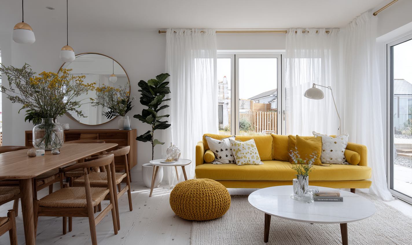Bright Scandinavian-inspired living-dining space with a mustard yellow sofa, mid-century wooden furniture, and sheer white curtains creating an airy, spacious feel in a compact home.